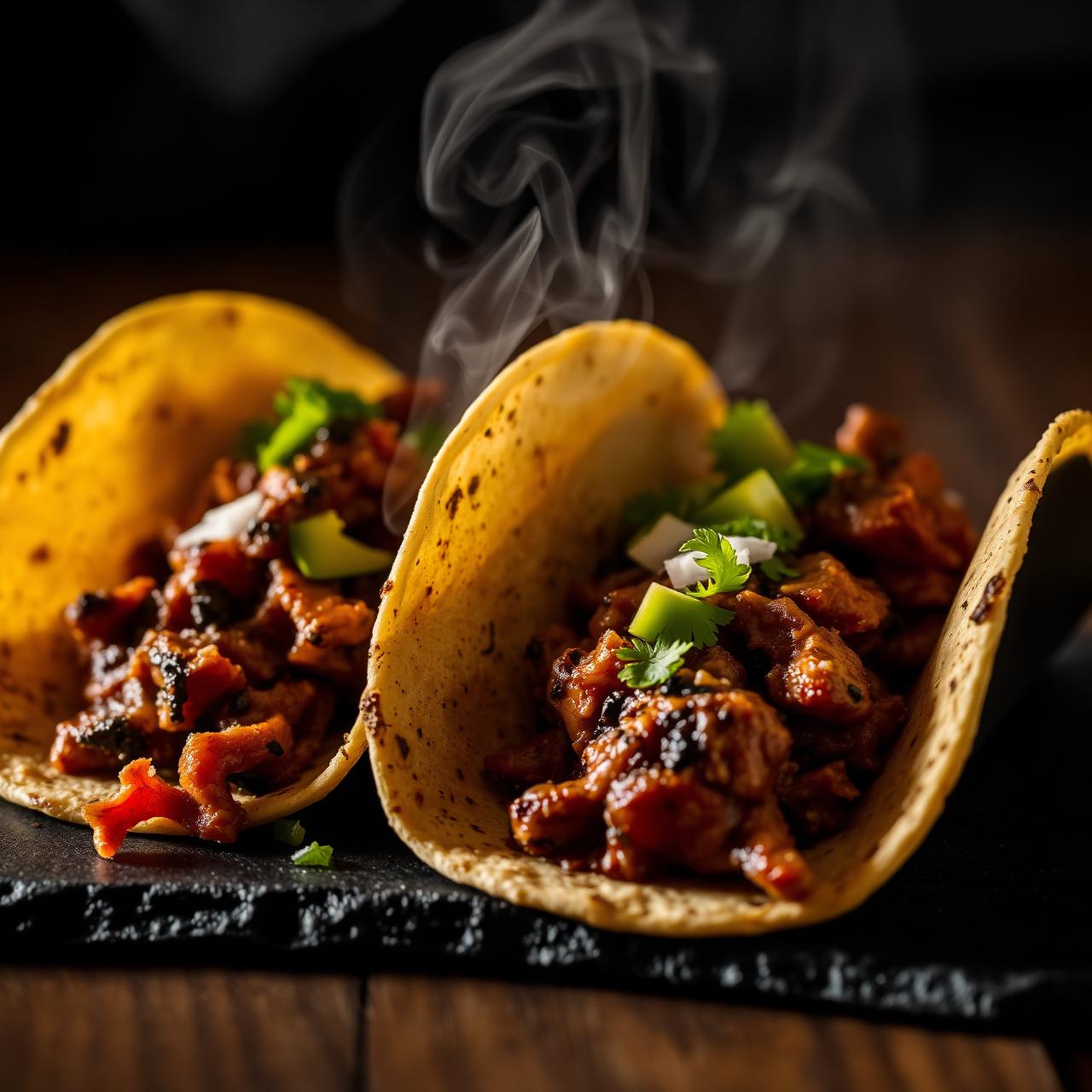 Charred tacos on slate